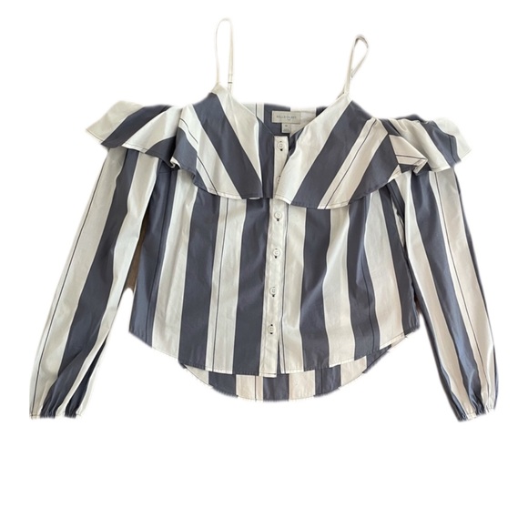 Belle Sky Blue & White Stripe Off Shoulder Long Sleeve Top Size Large Ruffles - Picture 1 of 8